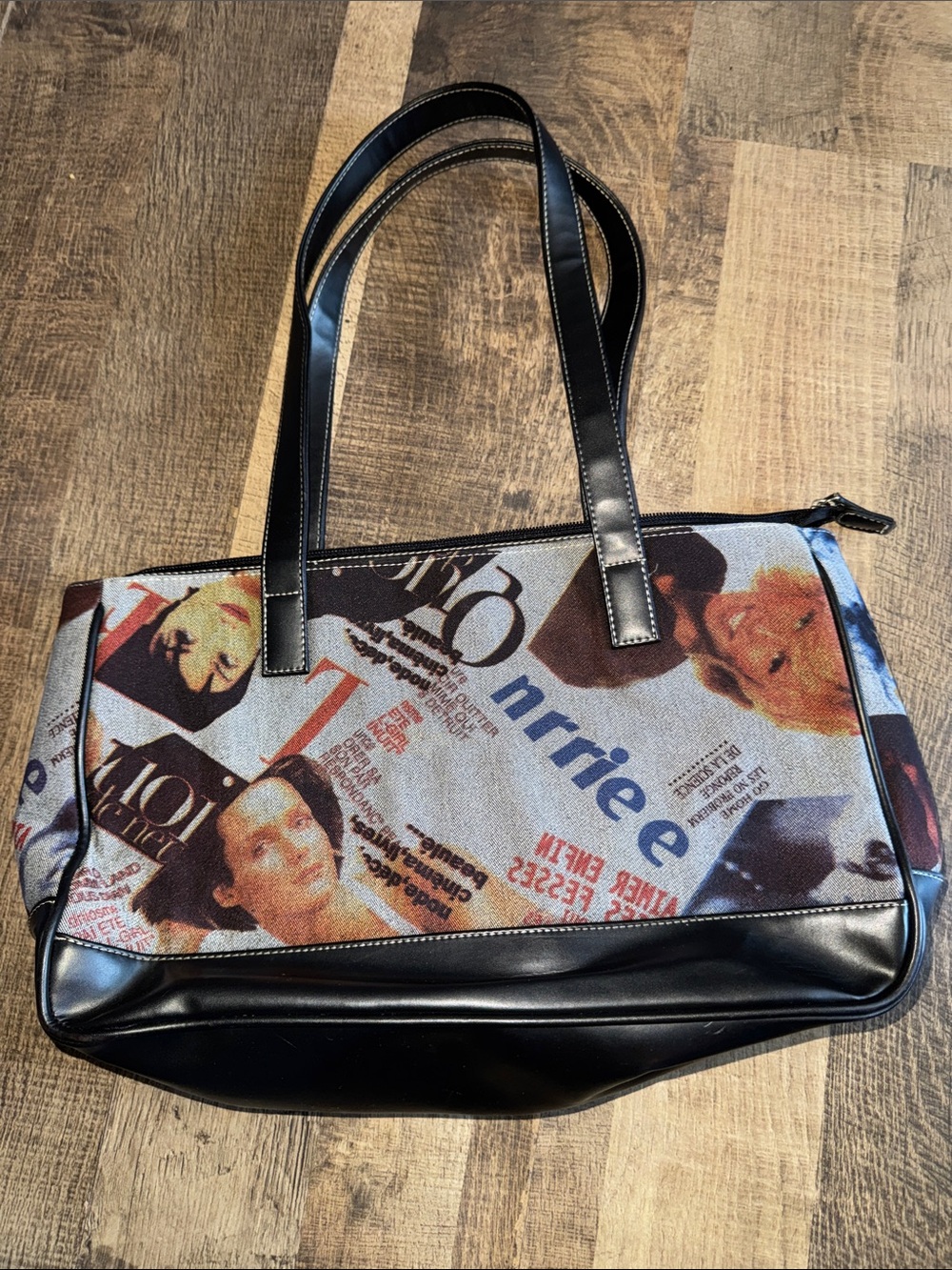 Y2K Vintage French Newspaper Magazine Print Canvas Faux Leather Tote Bag